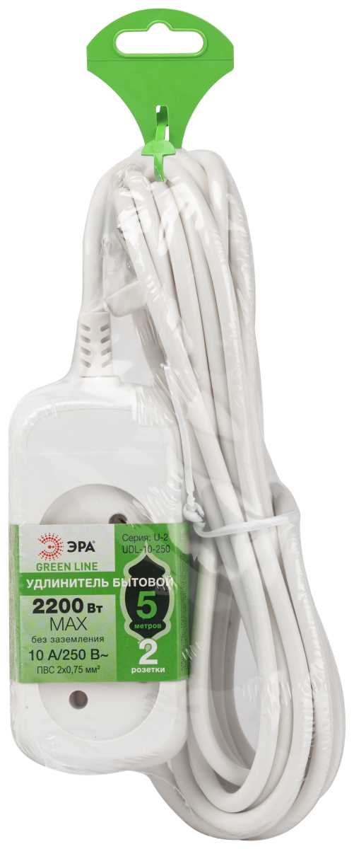 фото удлинитель электрический эра udl-10-250 greenline 2 розетки без заземления 5м пвс 2x0.75мм2 б0065044 | 220svet.ru
